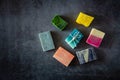 Flat lay of natural handmade soaps. Top view. Dark background Royalty Free Stock Photo