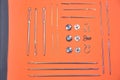 Flat lay of needles and clasps of various types Royalty Free Stock Photo