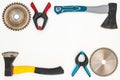 Flat lay of new and used hand tools on white background Royalty Free Stock Photo