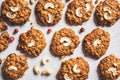 Flat lay of oatmeal cookies with cranberry and nuts. Healthy vegan food concept Royalty Free Stock Photo