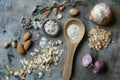 Flat lay of oats, almonds, garlic, and flour on rustic table Royalty Free Stock Photo