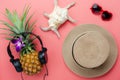 Flat lay objects the accessory for travel summer holiday & music background concept Royalty Free Stock Photo