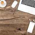 Flat lay. Office desk with laptop, coffee, phone Instagram