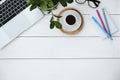 office desk work space table with computer wireless keyboard and stationary in home office on white wood table. Copy Royalty Free Stock Photo