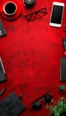 Flat Lay of Office Desk on Red Background with Office Supplies, Coffee, Smartphone, Glasses, and Plant Minimalist Workspace Royalty Free Stock Photo