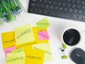 Flat lay office workspace desk with coffee, post it note, electronic devices and computer. organizer mockup concept for blog or