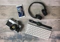 Flat Lay with old SLR film camera, iPhone, Apple watch, keyboard and headphones Royalty Free Stock Photo