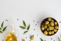 flat lay olives bowl oil bottle. High quality beautiful photo concept Royalty Free Stock Photo