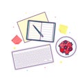 Flat lay with open book, strawberry, keyboard and stickers