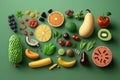 Flat lay organic foods and fresh vegetables and fruits selection Royalty Free Stock Photo