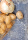 Flat lay, overhead perspective of a bag of Yukon Gold potatoes spilling out of a bag onto a scratched and stained steel surface