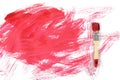 Flat lay of paintbrush with red gouache daub on white canvas