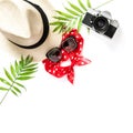 Flat lay Palm leaves sunglasses photo camera straw hat