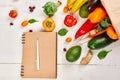 Flat lay paper shopping bag fresh vegetables and fruits, Shopping list food supermarket concept Royalty Free Stock Photo