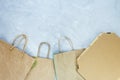 Flat lay of paper wastes as bags, boxes ready for recycling on gray background. Ecology care and social responsibility concept Royalty Free Stock Photo