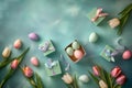 flat lay of Easter eggs with tulip flowers and gift boxes on blue gray background. space for text Royalty Free Stock Photo