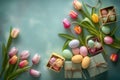 flat lay of Easter eggs with tulip flowers and gift boxes on blue gray background. space for text Royalty Free Stock Photo