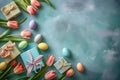 flat lay of Easter eggs with tulip flowers and gift boxes on blue gray background. space for text Royalty Free Stock Photo