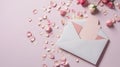 Flat Lay with Pastel Pink Flowers, Envelope, and Heart Confetti. Copy Space