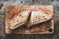 Flat-lay of pastrami sandwich in sourdough bread with cheese Royalty Free Stock Photo