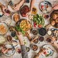 Flat-lay of family having traditional Turkish breakfast, square crop Royalty Free Stock Photo