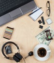 Flat lay of personal stuff, notebook computer,cards, coffee, money and other. Flat design and top view on desk as frame with blank Royalty Free Stock Photo