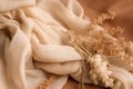 flat lay photo of beige scarf and dried flowers. background