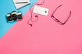 Flat lay photo of a creative freelancer woman workspace desk with copy space background. Royalty Free Stock Photo