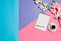 Flat lay photo of a creative freelancer woman workspace desk with copy space background. Royalty Free Stock Photo