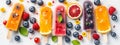 Flat lay photo of frozen popsicles and colorful fruits on white background. Natural summer dessert. Generative Ai Royalty Free Stock Photo