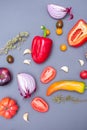 flat lay photo on gray background of peppers, onions tomatoes, herbs Royalty Free Stock Photo