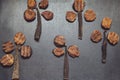 Of dried natural treats for dogs, a fruit garden is laid out on a dark background. Five beef scar trees and bovine testes.