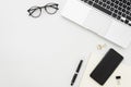 Flat lay photo of office desk with laptop, smartphone, eyeglasses and notebook with copy space background. Mockup