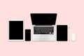 Flat lay photo of office table with laptop computer, digital tablet, mobile phone and accessories. on modern pink tone background. Royalty Free Stock Photo