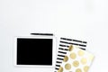 Flat lay photo of office white desk with tablet and gold notebook copy space background