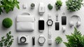 a flat lay photo of various electronics sitting on top of a white surface