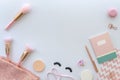 Flat lay pink composition with cosmetics, makeup tools and accessory on white background. beauty, fashion, party and