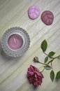 Flat lay of pink flower, tea light and wax melts Royalty Free Stock Photo