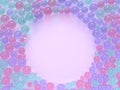 flat lay pink pastel scene many spheres/ball colorful circle frame copy space 3d render