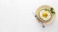 flat lay pita with avocado fried egg plate with copy space. High quality photo Royalty Free Stock Photo