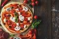 Flat lay pizza dough with tomatoes, champignons, bell peppers, olives and spinach with copy space on textured wooden table Royalty Free Stock Photo