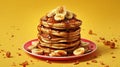 A Flat Lay of A Plate of Small Fluffy Golden Brown Pancakes Studded With Banana Slices Blurry Background