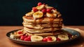 A Flat Lay of A Plate of Small Fluffy Golden Brown Pancakes Studded With Banana Slices Blurry Background