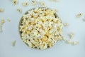 Flat lay of pop corn bowl on a white background,Top view