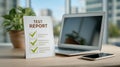 Flat lay of printed test report with checkmarks, open laptop, and smartphone symbolizing QA quality assurance testing workflow in Royalty Free Stock Photo