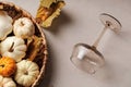 Flat lay of pumpkins and fall leaves with empty glass Royalty Free Stock Photo