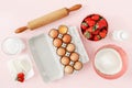 Flat lay raw ingredients cooking strawberry pie cake top view Re