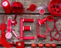 Flat lay red concept: red items spelling the word red