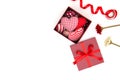 Flat lay of red pillows heart in gift box Royalty Free Stock Photo