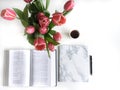 Flat lay: Red tulip, red petals and a Bible on a white table